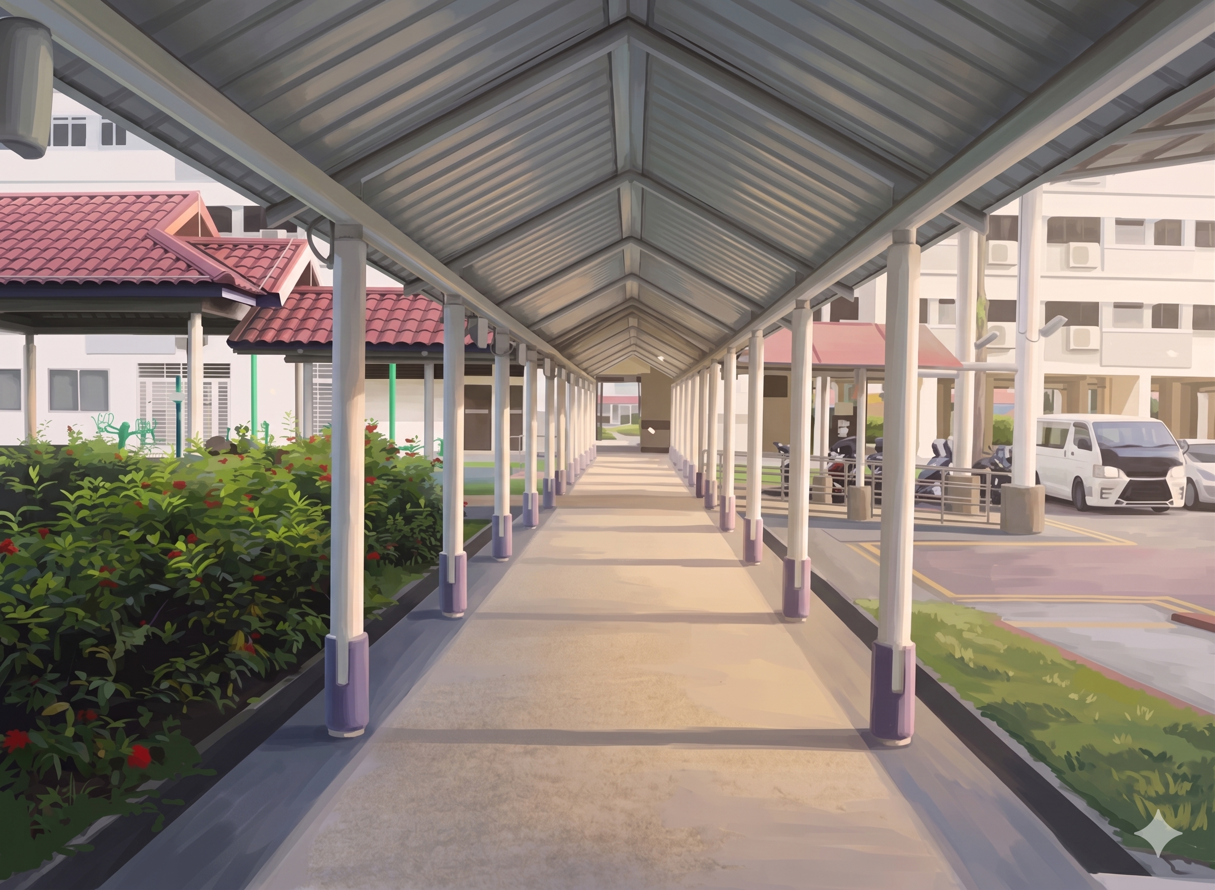 Illustrated Singapore covered walkway